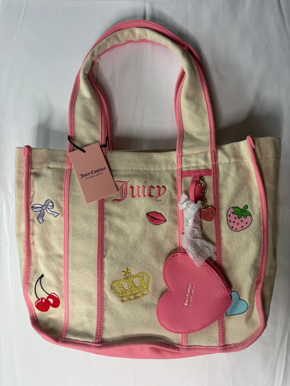 Juicy Couture Cream Canvas Tote with Pink Trim and Heart Charm | NWT